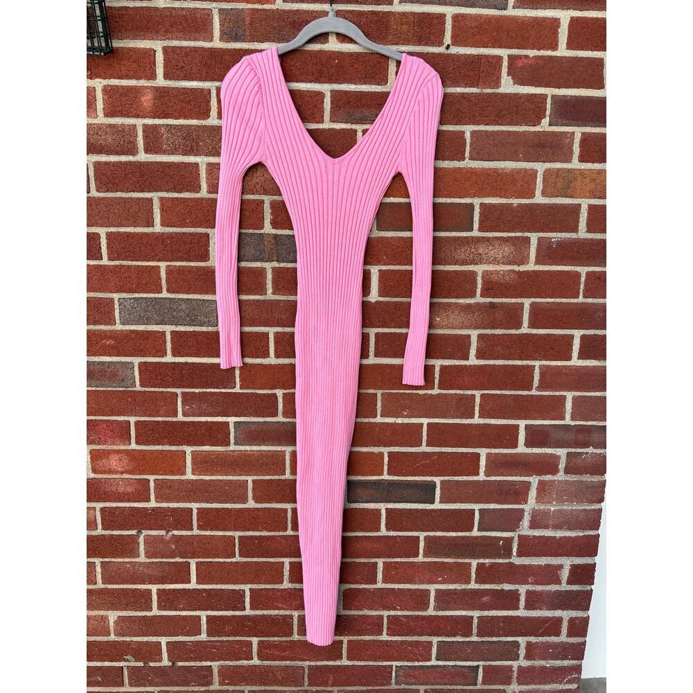 Fashion Nova Pink Ribbed Bodycon Midi Dress XS Long Sleeve V Neck Stretch - Picture 2 of 7